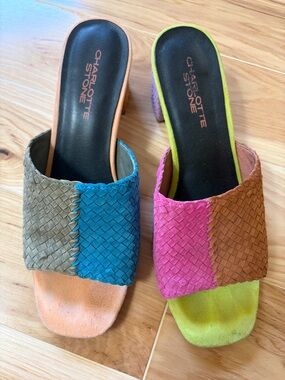 Charlotte Stone Multicolor Woven Suede Slide Mules - Blue Pink Brown Tan Green